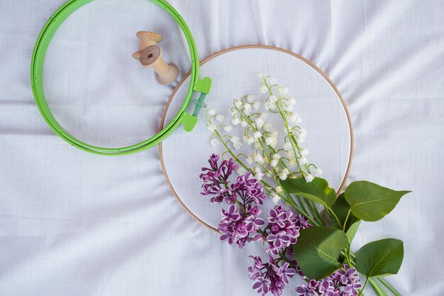 Zestaw do haftu: nici, tamborek, igły